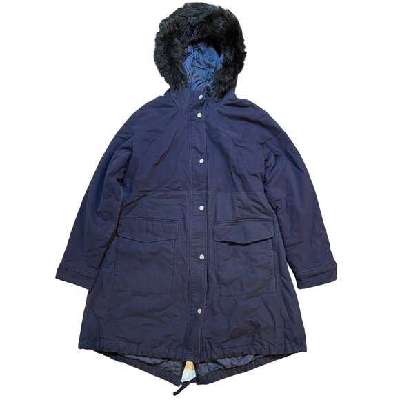 NWT GAP Maternity Parka LARGE Blue Hood Black Faux Fur Trim